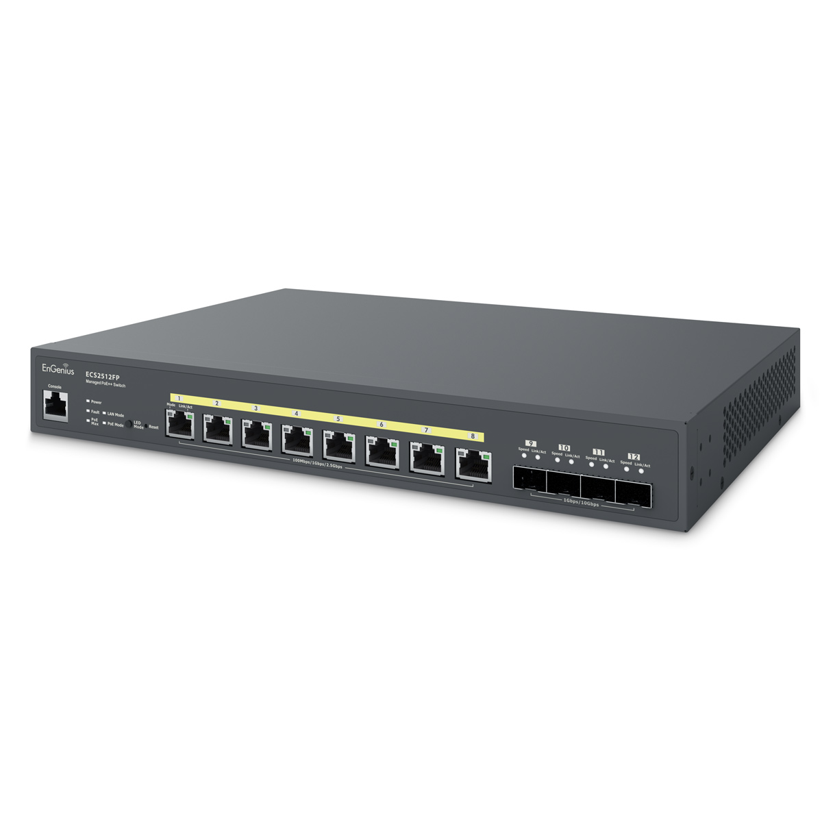 Cloud Managed 8-Port 240W PoE++ Multi Gigabit 2.5 Gb Switch w/ 4 SFP+ Uplink Ports ECS2512FP